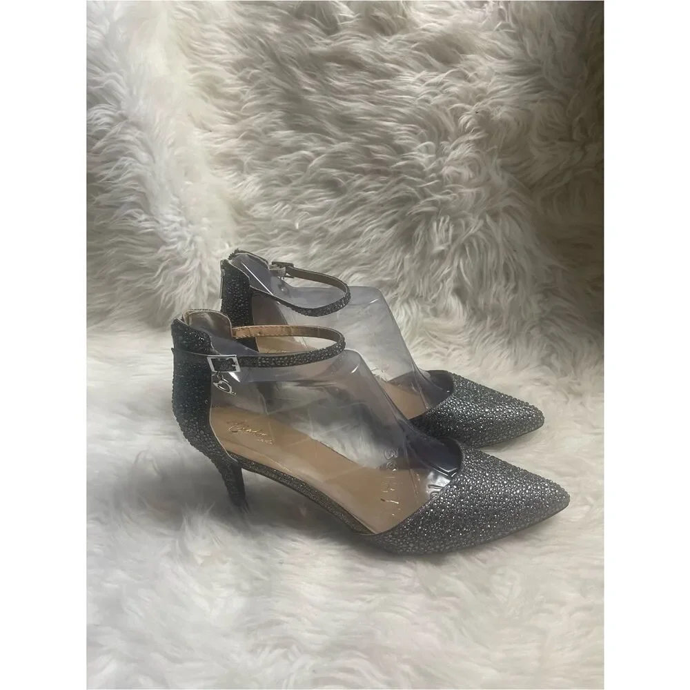 Thalia Sodi Vanessa pewter GlitterPointed-Toe Ankle-Strap Heels back zipper SZ11